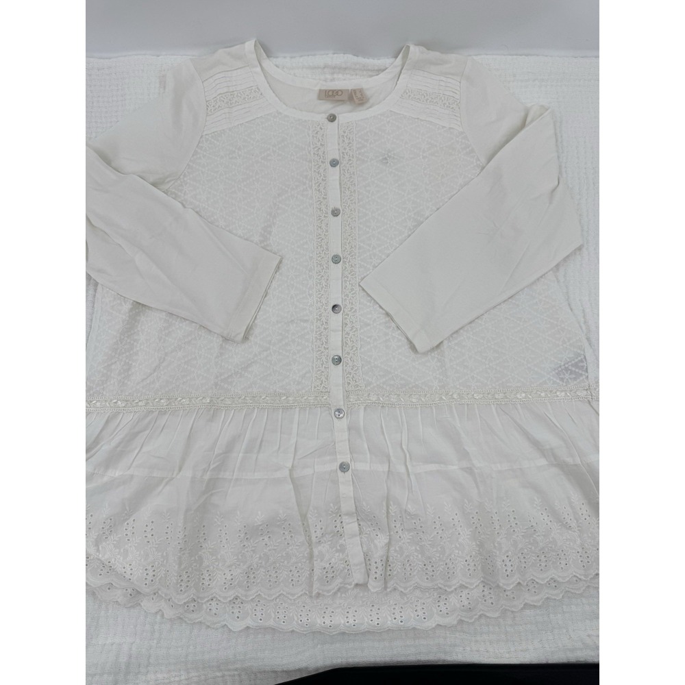 New LOGO Lavish Mix Media Peplum Top Size Large Cream Crochet Lace V-Neck Tunic